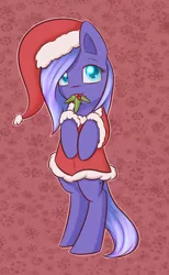 Size: 1024x1659 | Tagged: safe, artist:dusthiel, derpibooru import, princess luna, pony, bipedal, clothes, costume, cute, filly, hat, holly, holly mistaken for mistletoe, lunabetes, mouth hold, santa costume, santa hat, santa woona, solo, woona, younger