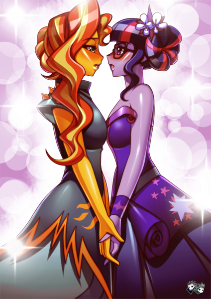 Size: 707x1000 | Tagged: safe, artist:jadenkaiba, derpibooru import, sci-twi, sunset shimmer, twilight sparkle, equestria girls, legend of everfree, alternate costumes, alternate hairstyle, blushing, clothes, commission, crystal gala, dancing, dress, duo, female, glasses, holding hands, imminent kissing, lesbian, looking at each other, open mouth, scitwishimmer, shipping, sunsetsparkle