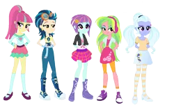 Size: 1100x707 | Tagged: safe, artist:berrypunchrules, derpibooru import, indigo zap, lemon zest, sour sweet, sugarcoat, sunny flare, equestria girls, arm behind back, boots, clothes, compression shorts, crystal prep shadowbolts, goggles, high heels, jeans, mary janes, pants, pantyhose, pigtails, plaid, pleated skirt, ponytail, shadow five, shoes, shorts, simple background, skirt, socks, striped pantyhose, transparent background, twintails