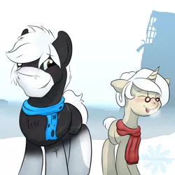 Size: 4000x4000 | Tagged: safe, artist:frostyb, derpibooru import, oc, oc:allure, oc:tungsten shield, unofficial characters only, earth pony, pony, unicorn, fallout equestria, clothes, diablo canyon, glasses, scarf, snow, winter