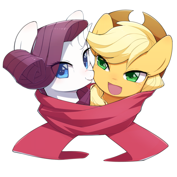 Size: 3650x3650 | Tagged: safe, artist:30clock, derpibooru import, applejack, rarity, bust, clothes, colored pupils, cowboy hat, cute, female, freckles, hat, jackabetes, lesbian, looking at you, open mouth, raribetes, rarijack, scarf, shared clothing, shared scarf, shipping, simple background, smiling, transparent background