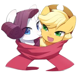 Size: 3650x3650 | Tagged: safe, artist:30clock, derpibooru import, applejack, rarity, bust, clothes, colored pupils, cowboy hat, cute, female, freckles, hat, jackabetes, lesbian, looking at you, open mouth, raribetes, rarijack, scarf, shared clothing, shared scarf, shipping, simple background, smiling, transparent background