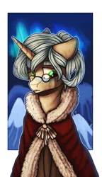 Size: 767x1327 | Tagged: safe, artist:razethem, derpibooru import, oc, oc:allure, unofficial characters only, pony, unicorn, aurora borealis, cloak, clothes, glasses, snow, solo, winter