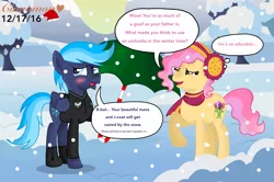 Size: 3313x2201 | Tagged: artist:cinnamon-swirls, blushing, boots, clothes, derpibooru import, dialogue, earmuffs, male, next generation, oc, oc:arctic gust, oc:violet rosebud, offspring, parent:cheese sandwich, parent:pinkie pie, parent:rainbow dash, parents:cheesepie, parent:soarin', parents:soarindash, safe, scarf, shipping, snow, snowfall, straight, umbrella, unofficial characters only, winter, winter outfit