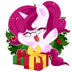 Size: 600x600 | Tagged: safe, artist:exceru-karina, derpibooru import, oc, oc:roserade, unofficial characters only, pony, unicorn, blushing, christmas, cute, eyes closed, female, glasses, happy, hnnng, holly, ocbetes, open mouth, present, simple background, smiling, solo, transparent background
