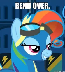 Size: 600x673 | Tagged: bend over, caption, clothes, cropped, derpibooru import, edit, edited screencap, goggles, image macro, meme, newbie dash, rainbow dash, rainbow fash, safe, screencap, solo, wonderbolts uniform