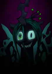 Size: 1000x1414 | Tagged: artist:awk44, bust, changeling, changeling queen, crazy face, creepy, dead source, derpibooru import, female, insanity, looking at you, portrait, queen chrysalis, safe, sharp teeth, solo, teeth, traditional art