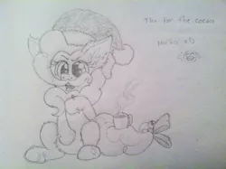 Size: 1280x956 | Tagged: artist:petea-copine, beard, bell, bow, chocolate, derpibooru import, dialogue, emoji, facial hair, food, hat, hot chocolate, monochrome, pinkie pie, safe, santa hat, sitting, solo, tail bow, traditional art, unshorn fetlocks