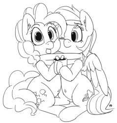 Size: 1280x1347 | Tagged: safe, artist:pabbley, derpibooru import, pinkie pie, rainbow dash, belly button, cheek squish, chocolate, clothes, female, food, hot chocolate, lesbian, monochrome, pinkiedash, scarf, shared clothing, shared scarf, shipping, simple background, snuggling, squishy cheeks, tongue out, white background