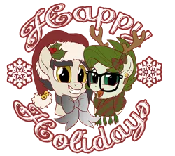 Size: 900x800 | Tagged: safe, artist:lostinthetrees, derpibooru import, oc, oc:storm, oc:trees, unofficial characters only, earth pony, pony, bow, clothes, female, glasses, hair bow, happy holidays, mare, reindeer antlers, scarf