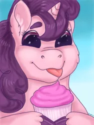 Size: 600x800 | Tagged: safe, artist:graffiti, derpibooru import, sugar belle, :p, bust, cupcake, food, simple background, solo, tongue out