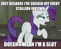 Size: 814x656 | Tagged: suggestive, derpibooru import, edit, edited screencap, screencap, rarity, pony, unicorn, the saddle row review, blatant lies, caption, cropped, female, image macro, implied blowjob, implied oral, implied sex, mare, meme, rarislut, rarity gets all the stallions, slut, solo, solo female