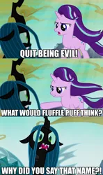 Size: 956x1617 | Tagged: alternate ending, batman v superman: dawn of justice, caption, changeling, changeling queen, derpibooru import, edit, edited screencap, eye contact, female, former queen chrysalis, frown, glare, gritted teeth, image macro, looking at each other, martha, meme, oc, oc:fluffle puff, open mouth, parody, pointing, queen chrysalis, reference, safe, save martha, screencap, screencap comic, starlight glimmer, to where and back again