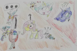 Size: 2639x1766 | Tagged: safe, artist:ptitemouette, derpibooru import, angel bunny, discord, fluttershy, princess celestia, princess luna, dislestia, heart, male, shipping, straight, traditional art