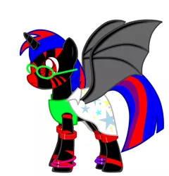 Size: 1761x1833 | Tagged: artist needed, safe, derpibooru import, oc, unofficial characters only, alicorn, bat pony, bat pony alicorn, pony, pony creator, alicorn oc, clothes, donut steel, glasses, red and black oc, solo