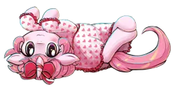 Size: 3000x1500 | Tagged: safe, artist:lumineko, derpibooru import, oc, oc:neko heart, unofficial characters only, pony, unicorn, 2017 community collab, derpibooru community collaboration, :3, blushing, bow, clothes, cute, floppy ears, horn bow, looking at you, lumineko is trying to murder us, nightgown, on back, ribbon, simple background, smiling, solo, transparent background