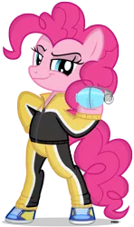 Size: 2430x4100 | Tagged: safe, artist:a4r91n, derpibooru import, pinkie pie, pony, absurd resolution, bipedal, clothes, grenade, holding, looking at you, pose, shoes, simple background, smug, sneakers, solo, tracksuit, transparent background, vector