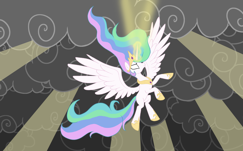 Size: 5334x3313 | Tagged: safe, artist:arrjaysketch, derpibooru import, princess celestia, alicorn, pony, absurd resolution, angry, cloud, cloudy, crepuscular rays, dark clouds, flying, glowing eyes, glowing horn, magic, solo, spread wings