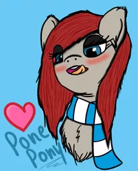 Size: 965x1200 | Tagged: suggestive, artist:dogelol, artist:spudnik, derpibooru import, oc, oc:ponepony, unofficial characters only, blue background, blushing, bust, chest fluff, clothes, eyeshadow, female, lewd, licking, licking lips, makeup, scarf, simple background, solo, solo female, tongue out