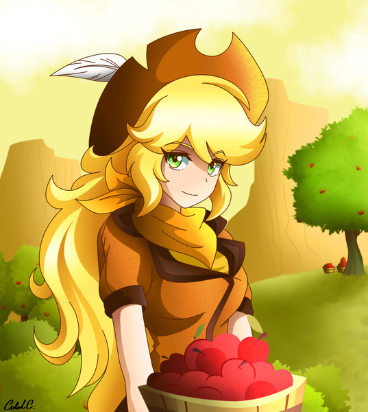 Size: 2440x2728 | Tagged: safe, artist:ciderpunk, derpibooru import, oc, oc:applesunrise, unofficial characters only, human, apple, apple orchard, apple tree, basket, clothes, food, fruit, humanized, humanized oc, scarf, scenery, signature, solo, tree