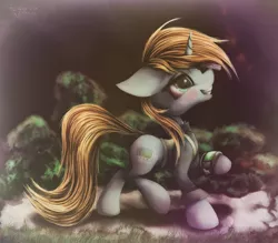 Size: 1943x1700 | Tagged: safe, artist:ferasor, derpibooru import, oc, oc:littlepip, unofficial characters only, pony, unicorn, fallout equestria, fanfic, blushing, clothes, drug use, drugs, fanfic art, female, floppy ears, high, hooves, horn, implied drug use, mare, mint-als, party time mintals, pipbuck, smiling, solo, teeth, vault suit