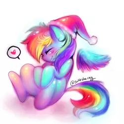 Size: 1000x1000 | Tagged: artist:sukesha-ray, blushing, derpibooru import, eyes closed, hat, heart, rainbow dash, safe, santa hat, sitting, smiling, solo