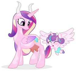 Size: 7167x6667 | Tagged: absurd resolution, artist:besttubahorse, cow, cowified, cow udder, derpibooru import, duo, eyes closed, floppy ears, flying, looking back, mother and daughter, open mouth, princess cadance, princess cowdance, princess flurry heart, safe, simple background, smiling, species swap, spread wings, transparent background, udder, underhoof, vector