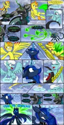 Size: 2460x4800 | Tagged: safe, artist:dangercloseart, derpibooru import, fleetfoot, princess luna, queen chrysalis, spitfire, alicorn, changeling, changeling queen, pegasus, pony, comic:wings of fire, absurd resolution, blast, comic, crying, female, fight, magic, magic beam, magic blast, mare, nightmare, nightmare chrysalis, nightmarified