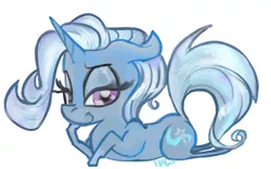 Size: 669x418 | Tagged: safe, artist:lavendire, derpibooru import, trixie, pony, unicorn, chibi, colored, female, floppy ears, lidded eyes, lying down, mare, prone, simple background, smirk, solo, sploot, white background