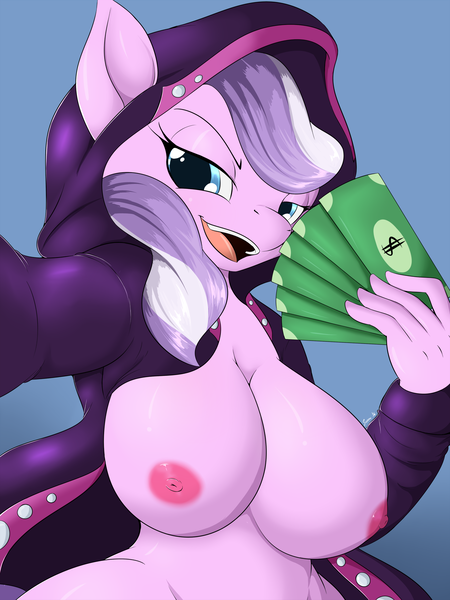 Size: 1920x2560 | Tagged: anthro, artist:suirano, big breasts, breasts, busty diamond tiara, clothes, commission, derpibooru import, diamond tiara, dollar, female, hoodie, money, naked hoodie, nipples, nudity, older, older diamond tiara, open mouth, questionable, smiling, solo, solo female