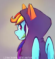 Size: 1091x1167 | Tagged: artist:liracrown, cat ears, clothes, derpibooru import, headphones, hoodie, looking at you, looking back, rainbow dash, safe, solo, wings