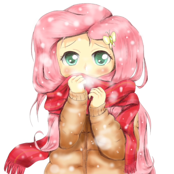 Size: 1400x1400 | Tagged: safe, artist:fromamida, derpibooru import, fluttershy, equestria girls, blushing, clothes, colored pupils, cute, jacket, looking at you, scarf, shy, shyabetes, simple background, snow, snowfall, solo, white background