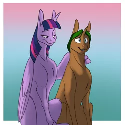 Size: 1000x1000 | Tagged: safe, artist:foxenawolf, derpibooru import, twilight sparkle, twilight sparkle (alicorn), oc, oc:forest breeze, alicorn, pony, unicorn, fanfic, fanfic:quantum gallop, duo, fanfic art, height difference, size difference