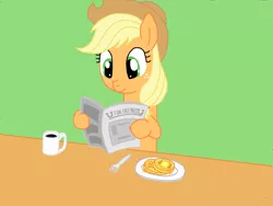 Size: 1600x1200 | Tagged: safe, artist:franzeir, derpibooru import, applejack, butter, cup, dexterous hooves, foal free press, food, fork, green background, newspaper, simple background, solo, waffle