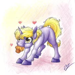 Size: 2093x2097 | Tagged: safe, artist:lupiarts, derpibooru import, dinky hooves, pony, unicorn, cute, dinkabetes, food, heart, mouth hold, muffin, solo, traditional art, unshorn fetlocks