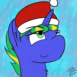 Size: 5000x5000 | Tagged: safe, artist:treble sketch, derpibooru import, oc, oc:treble sketch, unofficial characters only, pony, unicorn, absurd resolution, christmas, hat, looking up, santa hat, smiling, snow, solo