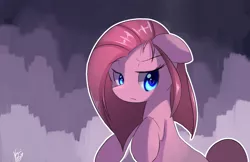 Size: 1280x828 | Tagged: safe, artist:kawaiipony2, derpibooru import, pinkie pie, colored pupils, floppy ears, frown, gradient background, gray background, pinkamena diane pie, raised hoof, signature, simple background, solo