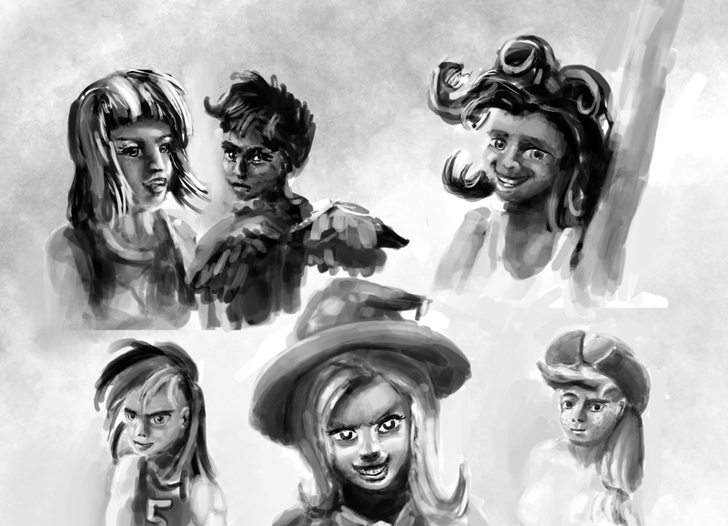 Size: 1800x1300 | Tagged: applejack, armpits, artist:xbi, black and white, bust, derpibooru import, glowing eyes, grayscale, grin, human, humanized, monochrome, nightmare fuel, pinkie pie, portrait, rainbow dash, safe, scootaloo, smiling, trixie, trixie's cape, trixie's hat, twilight sparkle