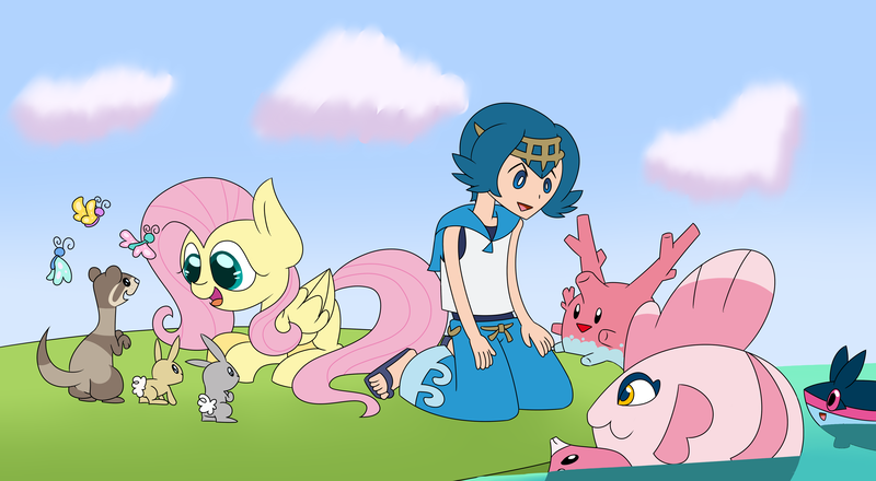 Size: 3657x2011 | Tagged: alomomola, artist:supercoco142, butterfly, corsola, crossover, derpibooru import, ferret, finneon, fluttershy, lana, luvdisc, ocean, pokémon, pokémon sun and moon, rabbit, safe, water