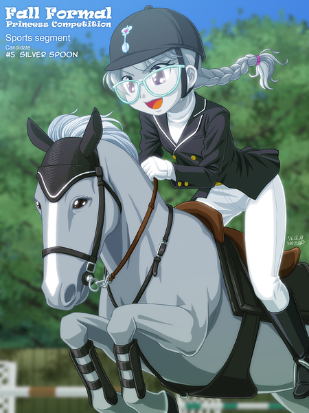 Size: 900x1200 | Tagged: safe, artist:uotapo, derpibooru import, silver spoon, horse, equestria girls, blaze (coat marking), boots, clothes, cute, fall formal, fall formal princess competition, female, glasses, hat, humans riding horses, jockey, jumping, open mouth, pants, riding, self ponidox, shoes, silverbetes, sky, tree