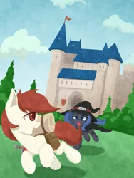 Size: 750x1000 | Tagged: artist:l8lhh8086, castle, derpibooru import, filly, hat, oc, oc:sain, oc:sword, open mouth, running, safe, solo, younger