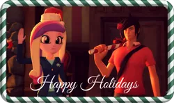 Size: 1920x1137 | Tagged: safe, artist:razethebeast, derpibooru import, princess cadance, equestria girls, 3d, crossover, duo, femscout, hat, looking at you, merry christmas, santa hat, smiling, source filmmaker, team fortress 2