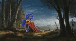 Size: 2000x1081 | Tagged: dead source, safe, artist:shamanguli, derpibooru import, princess luna, pony, cloak, clothes, forest, looking away, looking up, mountain, scenery, scenery porn, solo, tree