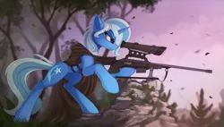 Size: 1900x1077 | Tagged: safe, artist:yakovlev-vad, derpibooru import, trixie, pony, unicorn, butt fluff, cape, clothes, cutie mark, ear fluff, female, fluffy, gun, hooves, horn, leg fluff, mare, optical sight, rifle, scenery, sniper rifle, solo, tree, weapon