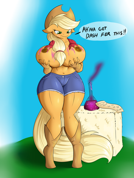 Size: 1860x2480 | Tagged: annoyed, anthro, applebucking thighs, applejack, artist:suirano, big breasts, breast expansion, breast grab, breasts, busty applejack, clothes, curvy, daisy dukes, derpibooru import, dialogue, female, grope, growth, hay bale, hourglass figure, huge breasts, nipples, note, nudity, potion, questionable, shorts, solo, solo female, torn clothes, unguligrade anthro, wardrobe malfunction, wide hips