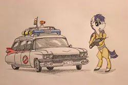 Size: 5184x3456 | Tagged: 59 cadillac, absurd resolution, ambulance, artist:bumskuchen, cadillac, car, clothes, derpibooru import, ecto-1, ghostbusters, oc, oc:aloe, request, safe, solo, station wagon, traditional art, unofficial characters only, vehicle, zebra