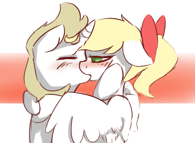 Size: 750x551 | Tagged: safe, artist:elijah, artist:fuzzpower, deleted from derpibooru, derpibooru import, oc, oc:franziska, oc:kyrie, unofficial characters only, pegasus, pony, unicorn, aryan, aryan pony, blonde, blushing, explicit source, female, kissing, lesbian, nazipone