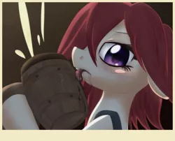 Size: 1280x1034 | Tagged: suggestive, artist:an-m, derpibooru import, oc, oc:leonie, unofficial characters only, earth pony, pony, alcohol, barrel, beer, blushing, close-up, drunk, female, licking, mug, nazipone, red hair, sex joke, tongue out