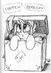 Size: 1280x1805 | Tagged: safe, artist:victoreach, derpibooru import, oc, unofficial characters only, pony, black and white, box, cute, gift art, grayscale, happy birthday, monochrome, pony in a box, simple background, solo, traditional art, white background