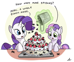 Size: 864x720 | Tagged: adoracreepy, animated, artist:docwario, bucket, cake, context is for the weak, creepy, cute, derpibooru import, dialogue, duo, food, gif, looking at something, magic, open mouth, rarity, rarity looking at food, safe, signature, sisters, spider, sweetie belle, sweetie belle's magic brings a great big smile, telekinesis, wat, why